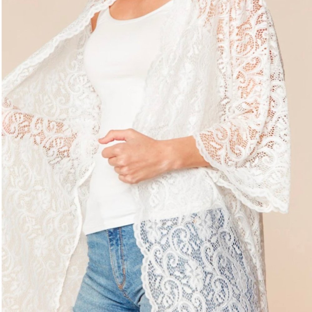 Three Quarter Sleeve Lace Kimono - Ivory